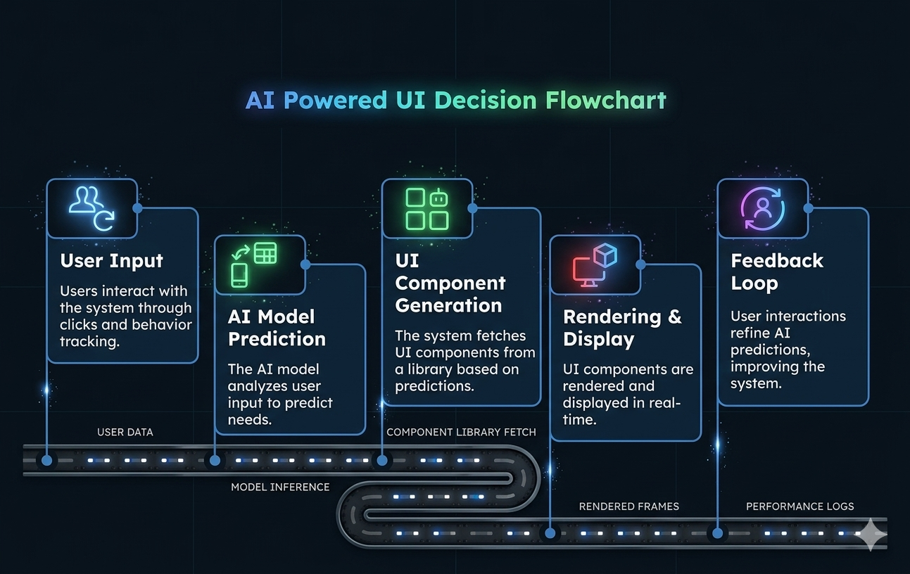Infographic: opportunities and benefits of AI in frontend—smarter UI, faster prototyping, cleaner code, easy learning, productivity boost, and personalization